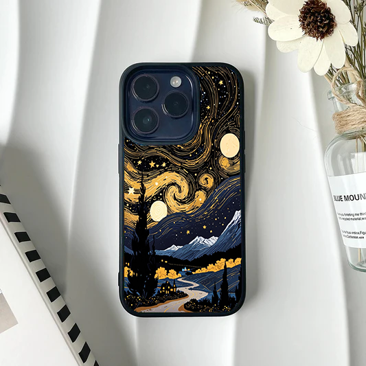 Phone case showing a dark, winding valley road with black silhouette trees under a stylized black and gold Starry Night sky.